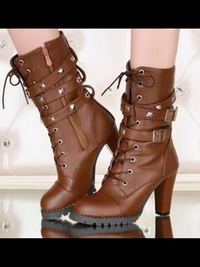 Women’s Brown High Heel Lace-Up Ankle Boots with Studded Straps
